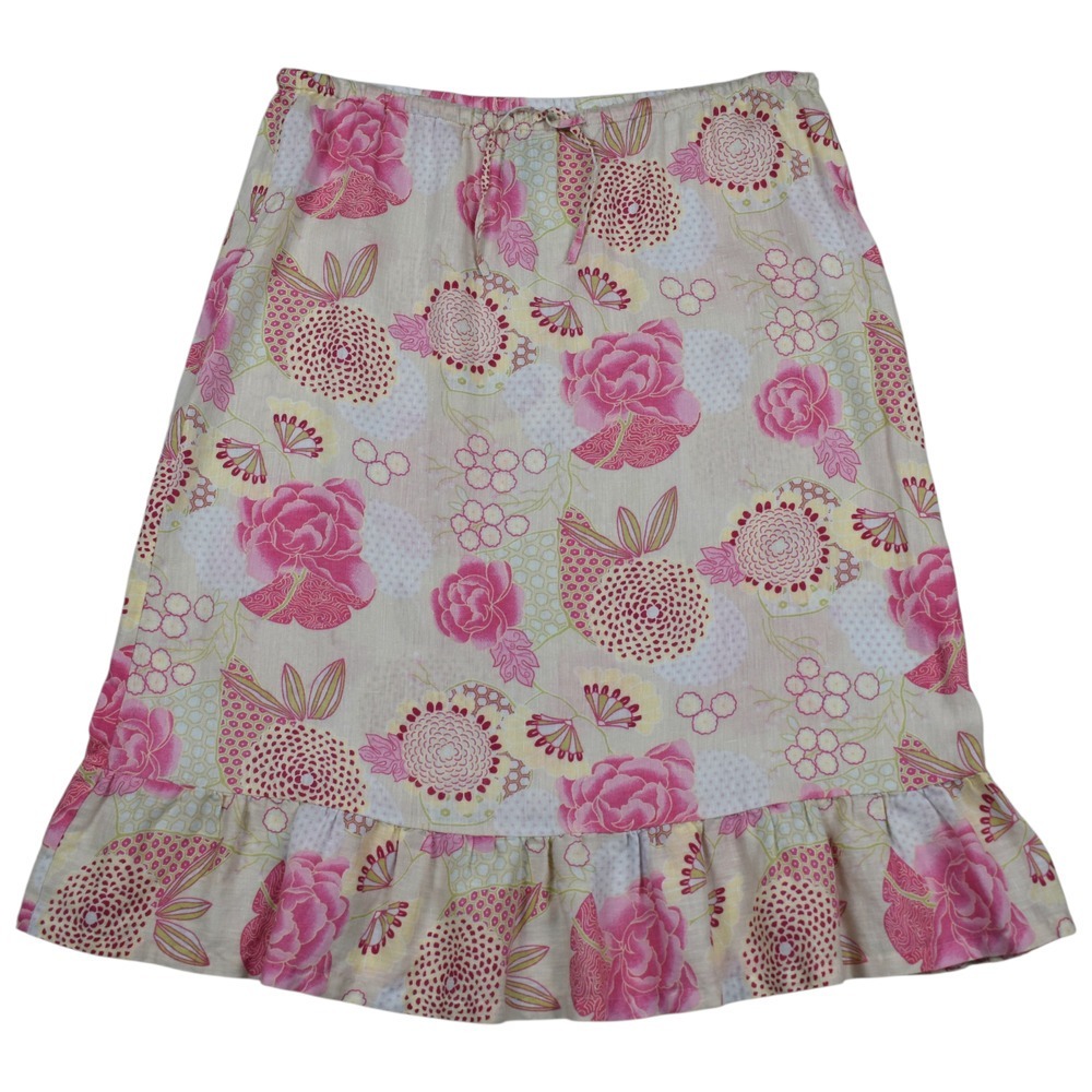 Vintage Floral Linen Midi Skirt Women's 12 Large Pink Cream Y2K Cottagecore Boho